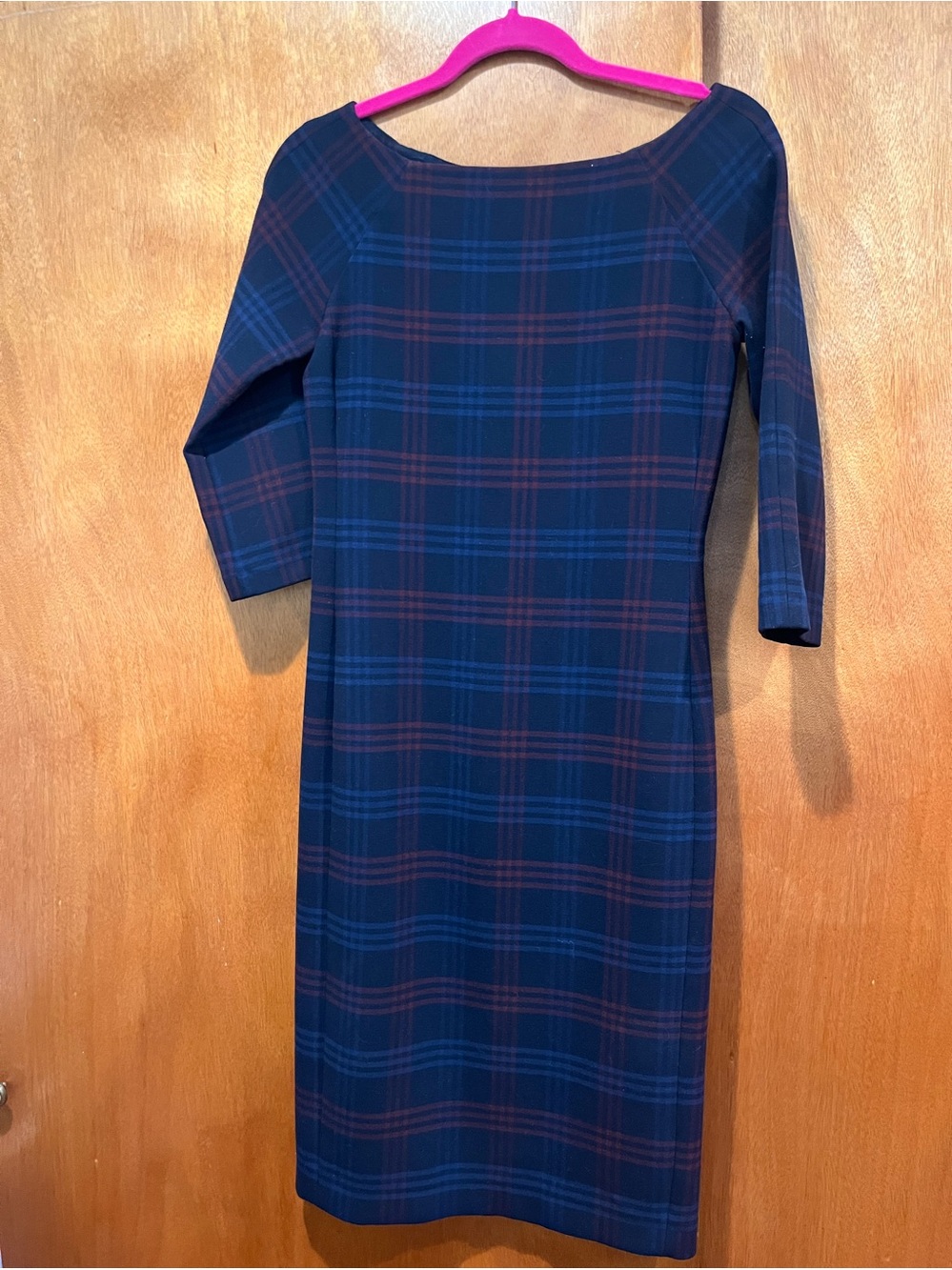 Zara navy and burgundy plaid midi sheath dress